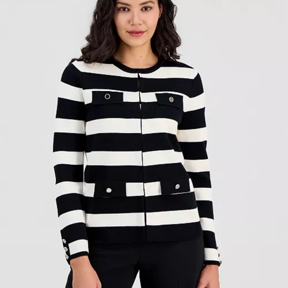 NWT- Anne Klein Black and White Striped Cardigan- Medium